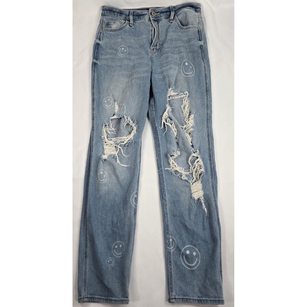 Hollister Ultra High-Rise‎ Mom Jeans Distressed Smiley Face 28x29 Y2K 90s Thrash